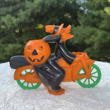 Vintage 1950s Rosbro Witch Motorcycle Pumpkin Halloween Candy Container Rare picture