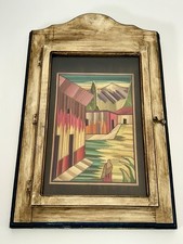 Mexican Popotillo Straw Marquetry Village Glass Door Shadow Box Folk Art 60s VTG picture