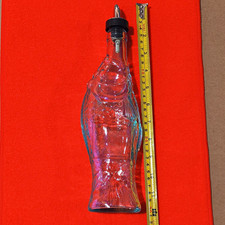 Vtg Italian Wine Green Glass Fish Bottle Pourer Stopper w/ Metal Spout  picture