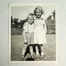 Vintage Black & White Portrait Snapshot Photograph of Two Cute Children Outdoors picture