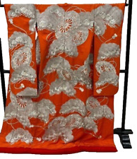 Japanese Silk Kimono Uchikake Vintage Gorgeous wedding Red Silver Flowers  (u83) picture