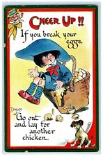 c1910s Cheer Up Boy In Basket Eggs Dog Dwig Tuck's Embossed Antique Postcard picture