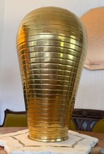 VTG Solid Brass Large Floor Vase Ribbed With Warm Gold Patina 17
