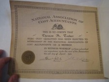 1924 NATIONAL ASSOCIATION OF COST ACCOUNTANTS CERTIFICATE - WD picture
