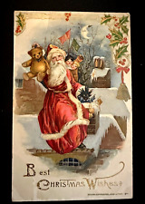 Santa Claus on Roof  with Teddy Bear Toys Holly~ WINSCH Christmas Postcard~k176 picture