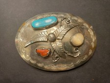 Vtg Navajo Sand Cast Sterling Silver Belt Buckle T.K. Emerson TK Multi-Stone 57g picture