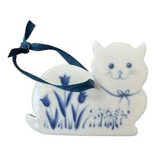 Vintage Russ Berrie Cat Figurine - Blue and White Ceramic with Ribbon  picture