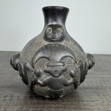 Antique Pre-Columbian Chimu Black Clay Pottery Vessel Pre-Columbian Figural Vase picture