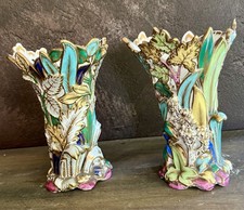 19th C Antique Small English Porcelain Pierced Botanical Vases picture