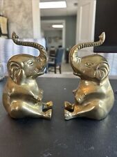 Vintage Set of 2 Solid Brass Elephant Bookends 6” Tall with Trunk Up picture
