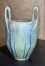 Charles Greber Ceremist Art Nouveau Blue Green Drip Glazed Vase 7” W/Hands 1920s picture