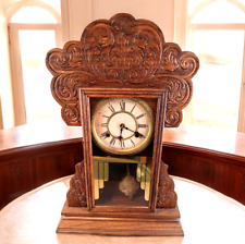 Antique 1800s WATERBURY Carved Oak Victorian Gingerbread Shelf Mantel Clock RUNS picture