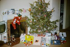 c1960's 35mm Slide, Mid Century Christmas Tree Fireplace 1960s Brick Mod picture